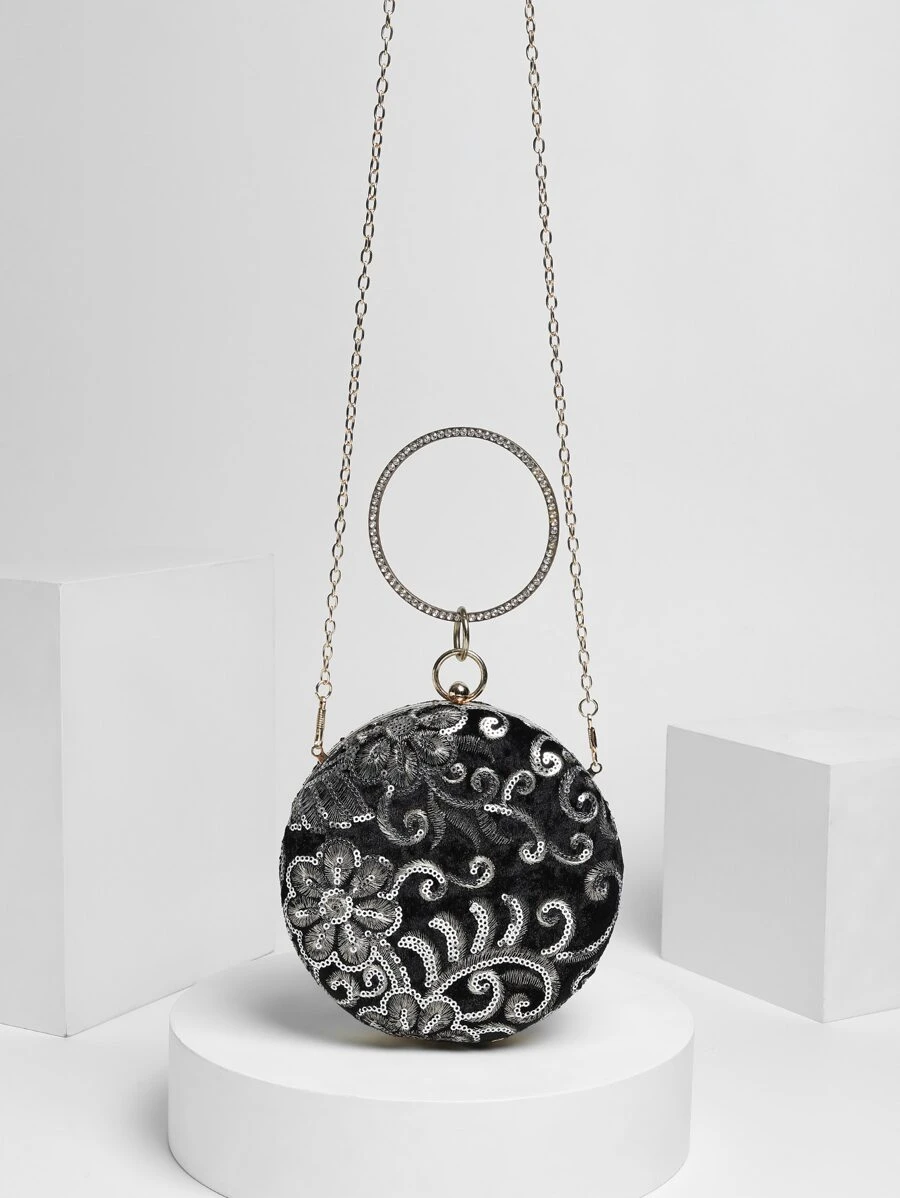 Mini Sequin Flower Decor Circle Bag - Black - View 1