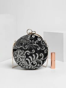 Mini Sequin Flower Decor Circle Bag - Black - View 4