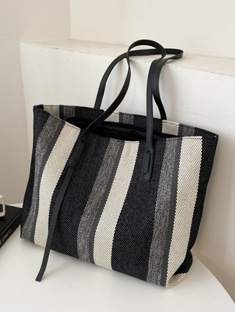 Striped Pattern Tote Bag, Fashion Canvas Shoulder Bag, Women's Large Capacity Handbag, Mother's Day Gift For Mom Stripe Pattern Canvas Tote Bag, Women's Large Capacity Shoulder Bag, Casual Handbag Students, Perfect For Back To School, First Day Of School, Shopping, Beach, Tote Bags For Women, College Essentials