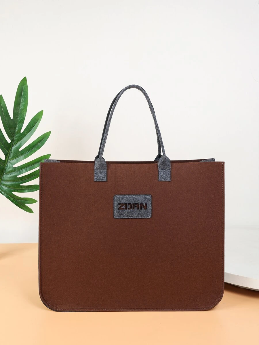 字母貼布單肩托特包 - 棕色 - 查看 1