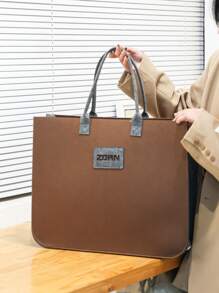 字母貼布單肩托特包 - 棕色 - 查看 8