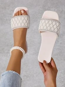 Women's Spring, Summer And Autumn Beige New Square Toe Slip-On Slippers With Faux Pearl And Rhinestone Decor, Open Toe Beach Fashion Versatile Flat Sandals Valentines - Beige - View 1
