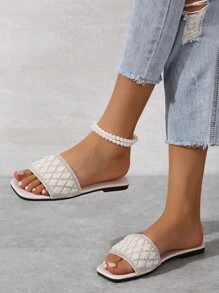 Women's Spring, Summer And Autumn Beige New Square Toe Slip-On Slippers With Faux Pearl And Rhinestone Decor, Open Toe Beach Fashion Versatile Flat Sandals Valentines - Beige - View 3