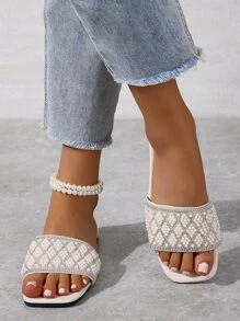 Women's Spring, Summer And Autumn Beige New Square Toe Slip-On Slippers With Faux Pearl And Rhinestone Decor, Open Toe Beach Fashion Versatile Flat Sandals Valentines - Beige - View 2