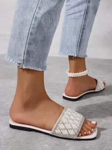 Women's Spring, Summer And Autumn Beige New Square Toe Slip-On Slippers With Faux Pearl And Rhinestone Decor, Open Toe Beach Fashion Versatile Flat Sandals Valentines - Beige - View 5