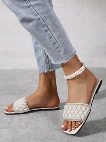 Women's Spring, Summer And Autumn Beige New Square Toe Slip-On Slippers With Faux Pearl And Rhinestone Decor, Open Toe Beach Fashion Versatile Flat Sandals Valentines - Beige - View 4