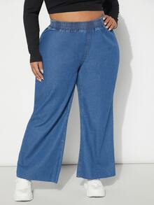 Plus Elastic Waist Flare Leg Jeans - Medium Wash - View 4