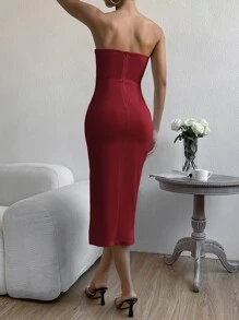 SHEIN BAE Split Thigh Zip Back Tube Bodycon Dress - Red - View 2