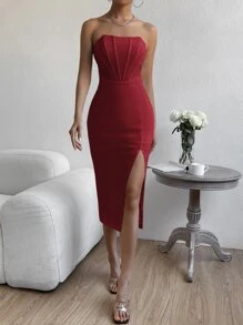 SHEIN BAE Split Thigh Zip Back Tube Bodycon Dress - Red - View 4