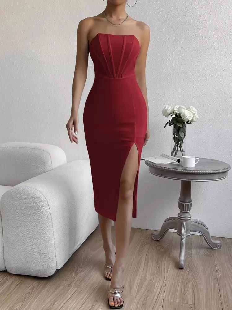 SHEIN BAE 高衩後拉鏈抹胸緊身洋裝 - 紅色 - 查看 4