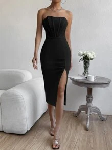 SHEIN BAE Split Thigh Zip Back Tube Bodycon Dress - Black - View 5