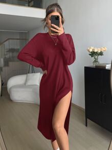 SHEIN Essnce Drop Shoulder Split Thigh Dress - Burgundy - View 1