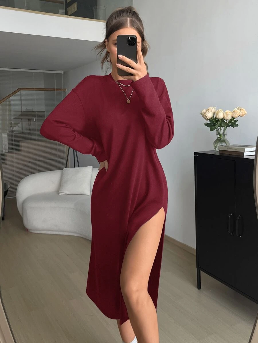 SHEIN Essnce Drop Shoulder Split Thigh Dress - Burgundy - View 1
