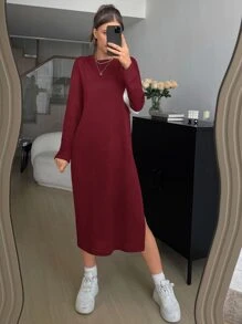 SHEIN Essnce Drop Shoulder Split Thigh Dress - Burgundy - View 5