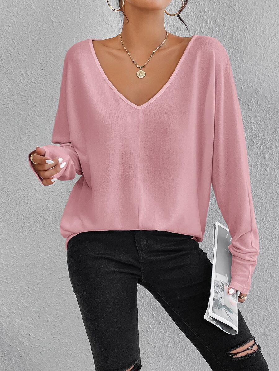 SHEIN Essnce Solid V Neck Batwing Sleeve Tee - Pink - View 1