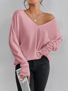 SHEIN Essnce Solid V Neck Batwing Sleeve Tee - Pink - View 3