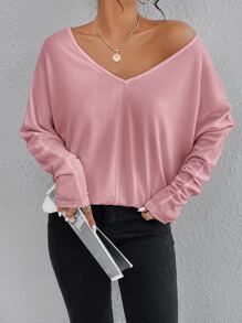 SHEIN Essnce Solid V Neck Batwing Sleeve Tee - Pink - View 4