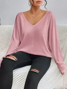 SHEIN Essnce Solid V Neck Batwing Sleeve Tee - Pink - View 5