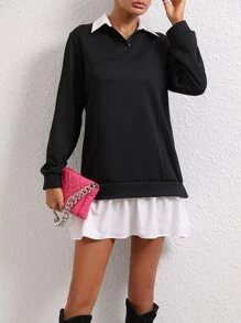 SHEIN LUNE Contrast Collar 2 In 1 Sweatshirt Dress - Black and White - View 3