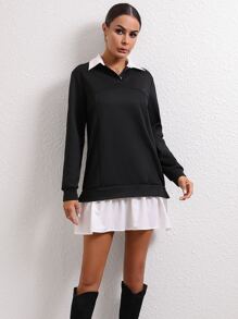 SHEIN LUNE Contrast Collar 2 In 1 Sweatshirt Dress - Black and White - View 4