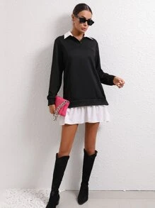 SHEIN LUNE Contrast Collar 2 In 1 Sweatshirt Dress - Black and White - View 5
