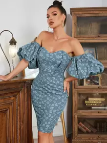Off Shoulder Puff Sleeve Bodycon Dress - Dusty Blue - View 1