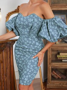 Off Shoulder Puff Sleeve Bodycon Dress - Dusty Blue - View 5