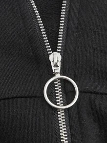 SHEIN MOD Zip Up Lace Up Hoodie - Black - View 7