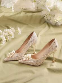 金屬亮絲人造珍珠裝飾尖頭細跟淺口高跟鞋 - 香檳色 - 查看 2