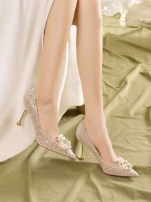 金屬亮絲人造珍珠裝飾尖頭細跟淺口高跟鞋 - 香檳色 - 查看 4