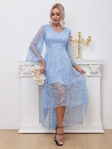 荷葉袖高低下擺蕾絲洋裝