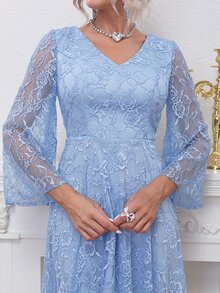 荷葉袖高低下擺蕾絲洋裝