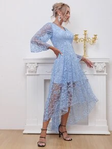 荷葉袖高低下擺蕾絲洋裝