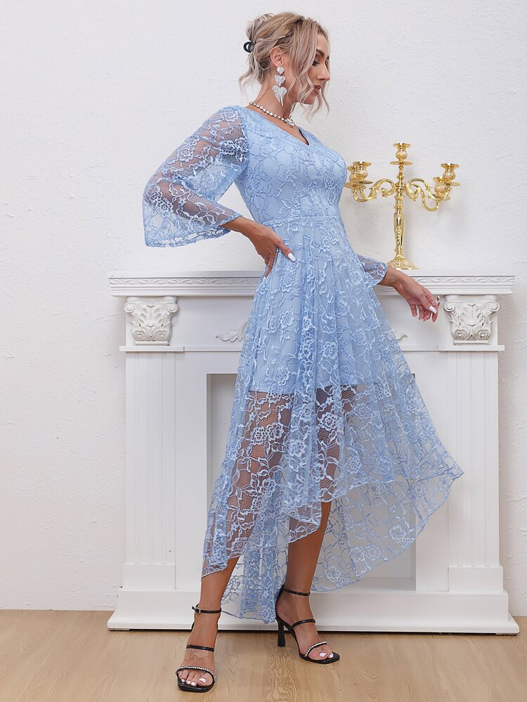 Flounce Sleeve High Low Hem Lace Dress