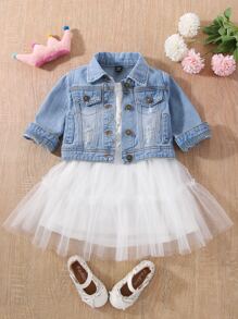 Chaqueta de mezclilla con detalle de solapa deshilachada para bebé niña de 1 pieza