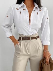 EURMUSE Cotton Eyelet Embroidery Cut Out Button Front Shirt - White - View 1
