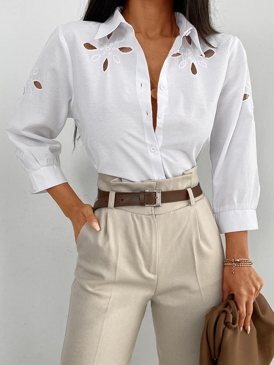 EURMUSE Cotton Eyelet Embroidery Cut Out Button Front Shirt - White - View 1