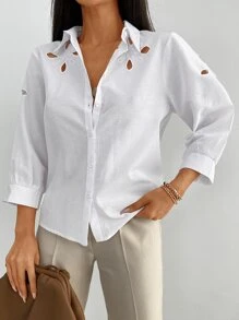 EURMUSE Cotton Eyelet Embroidery Cut Out Button Front Shirt - White - View 3