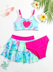 年轻女孩扎染心形印花比基尼套装搭配沙滩裙夏日海滩 - 彩色 - 查看 1