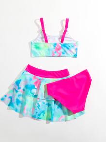 年轻女孩扎染心形印花比基尼套装搭配沙滩裙夏日海滩 - 彩色 - 查看 2