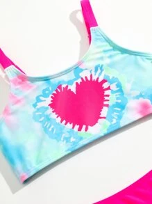 年轻女孩扎染心形印花比基尼套装搭配沙滩裙夏日海滩 - 彩色 - 查看 3