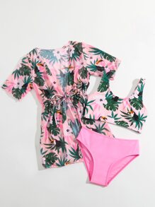 年轻女孩热带印花比基尼套装与和服夏日海滩 - 粉色 - 查看 1