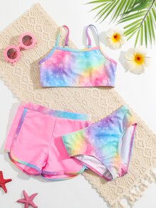SHEIN Young Girl Tie Dye Bikini Set With Swim Shorts Summer Beach