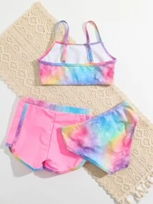 SHEIN Young Girl Tie Dye Bikini Set With Swim Shorts Summer Beach