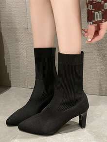 Minimalist Point Toe Chunky Heeled Sock Boots - Black - View 2