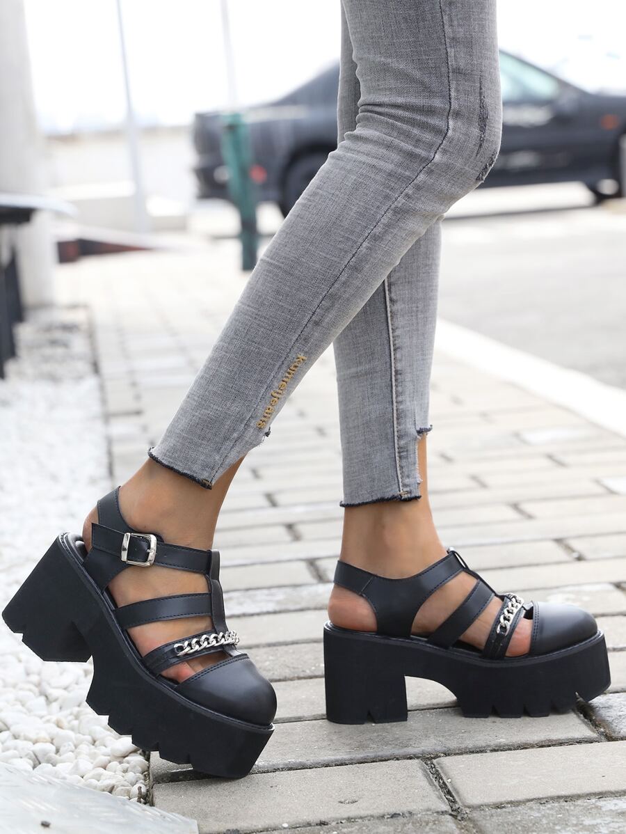 Zapatos de corte con diseño de cadena plataforma - Negro - Ver 1