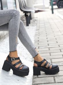 Zapatos de corte con diseño de cadena plataforma - Negro - Ver 2