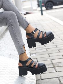 Zapatos de corte con diseño de cadena plataforma - Negro - Ver 6