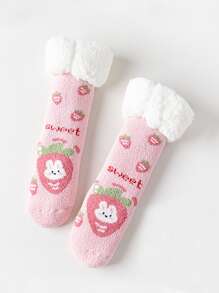 Toddler Girls Rabbit & Carrot Pattern Plush Lined Crew Socks - Pink - View 1