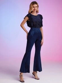 SHEIN Privé Butterfly & Plants Print Ruffle Trim Flare Leg Velvet Jumpsuit - Navy Blue - View 4